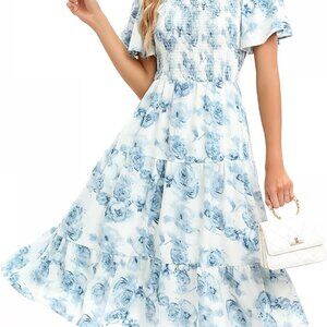 Women's Floral Summer Smocked Midi Dress Boho Square Neck Off-Shoulder